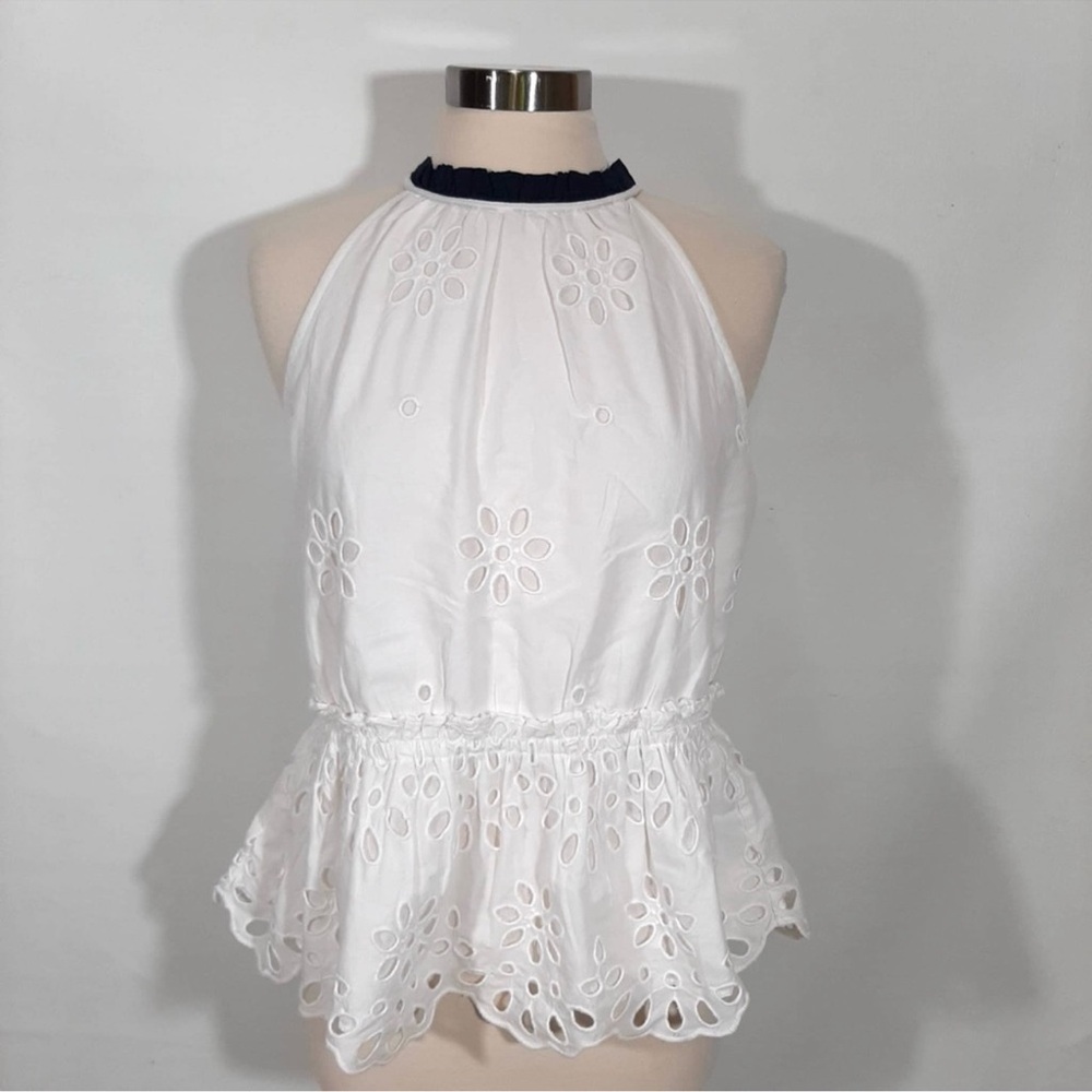 J. Crew White and Blue Embellished Peplum Blouse M